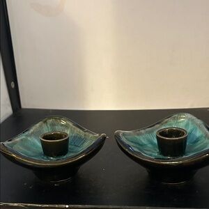 2 Blue Mountain Pottery leaf candle holders